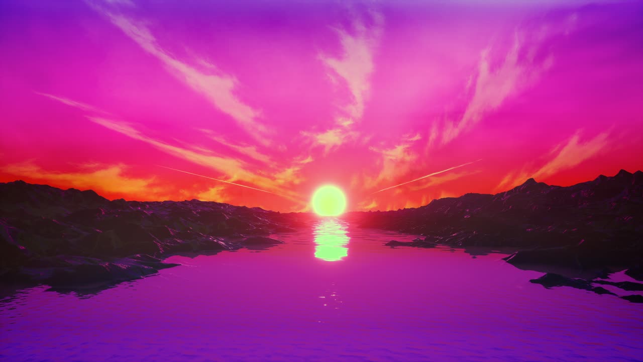 Retro 1980S Animation With Rocks, River, Sun And Cyberpunk Pink
