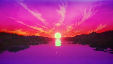 retro 1980s animation with rocks, river, sun and cyberpunk pink