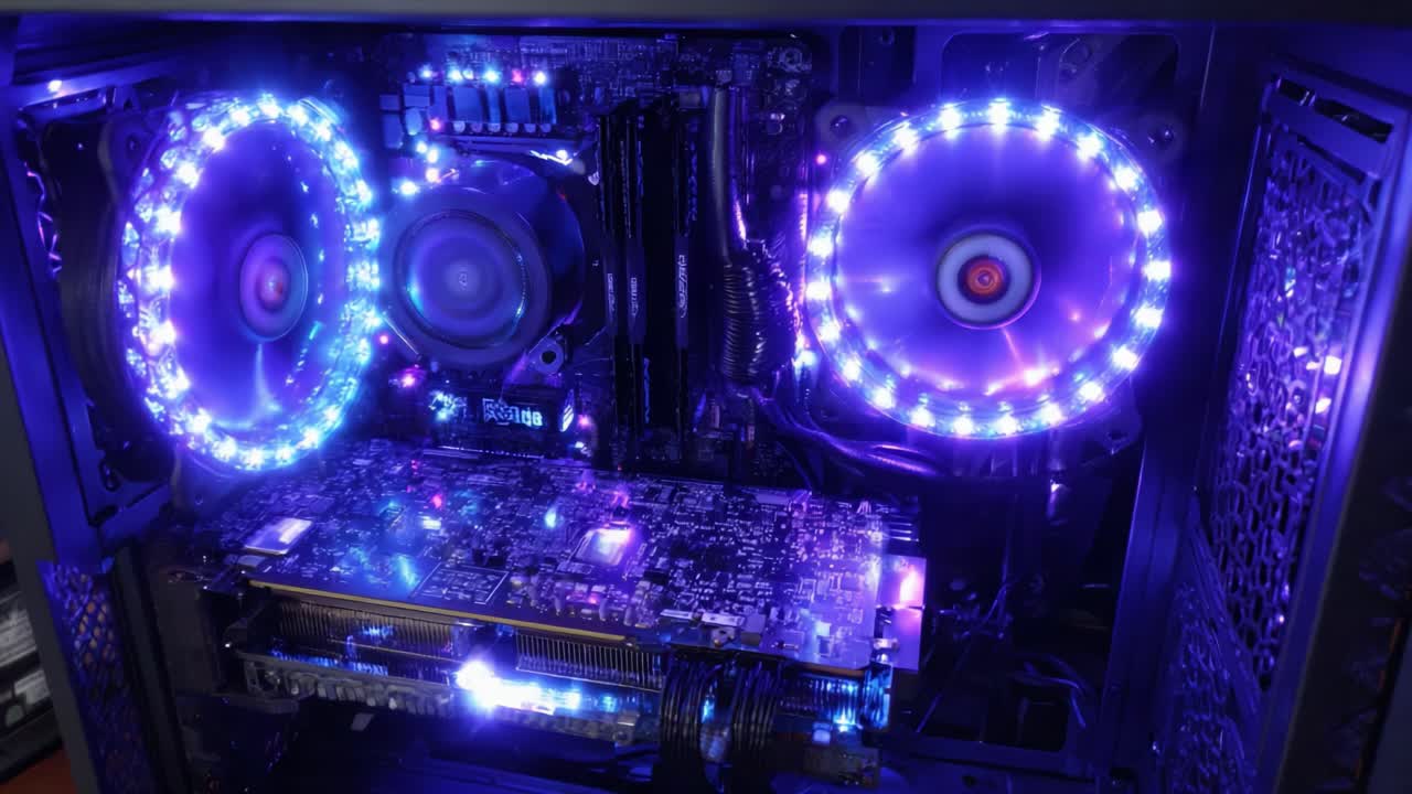 Stunning Close-Up of a High-Performance Gaming PC Featuring Vibrant RGB Lighting That Illuminates the Internal Components for a Dynamic Visual Experience