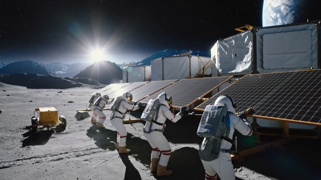 Appare la luce del sole, equipaggio in tuta EVA con zaini che dispiega travi e pannelli presso un habitat lunare per la produzione di energia.
