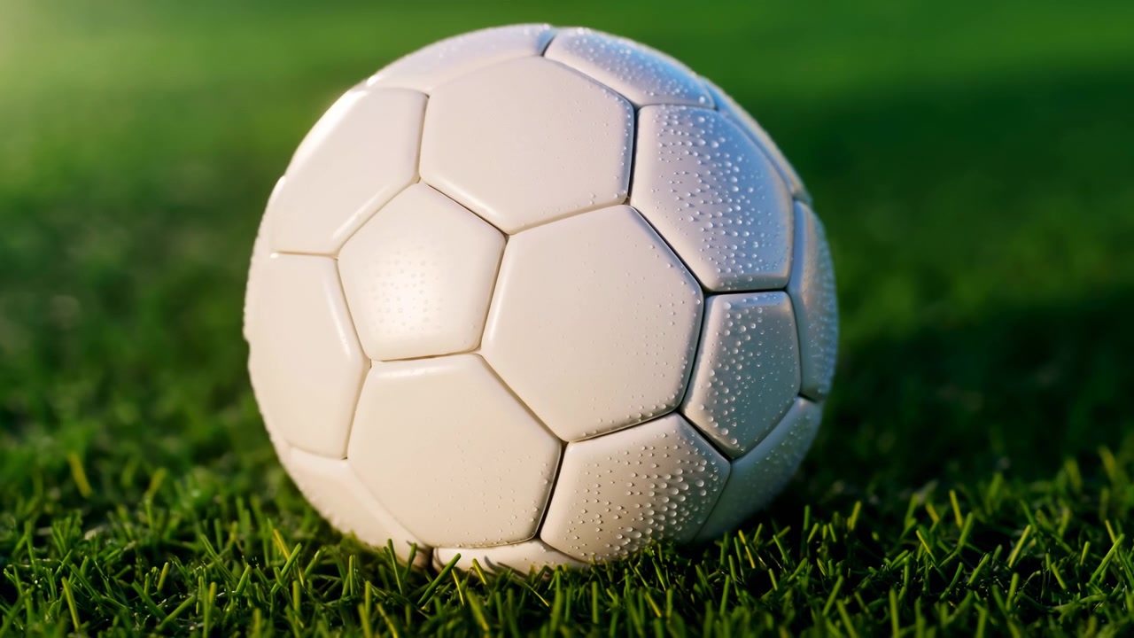 Primo piano dal basso di un pallone da calcio bianco che riposa su erba verde bagnata con rugiada visibile sui pannelli testurizzati, la morbida luce solare mattutina proietta ombre leggere.
