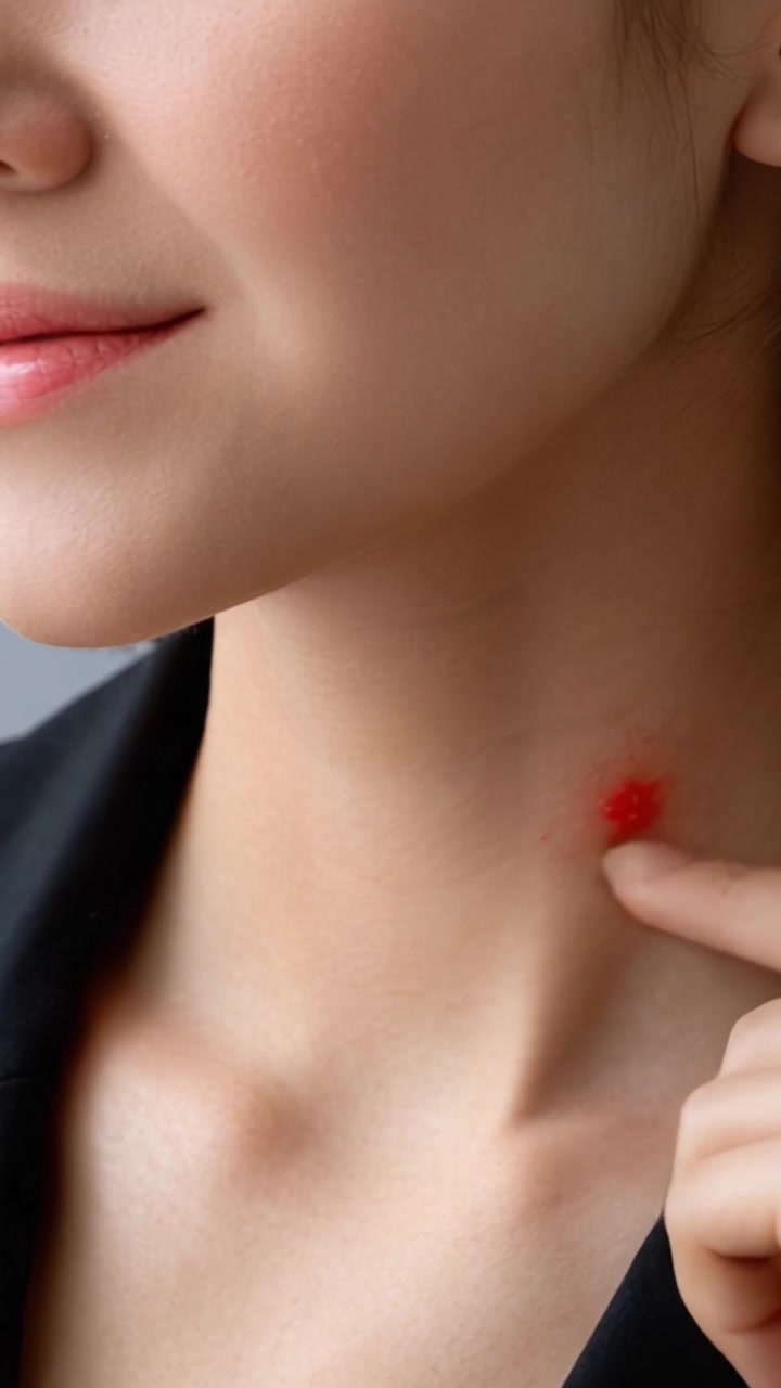 Primo piano del collo di una donna che evidenzia una lesione cutanea rossa, con un focus sull'espressione facciale e la texture della pelle in un'ambientazione con illuminazione soffusa.