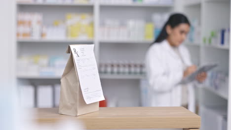 pharmacy, medicine and paper bag with pharmacist