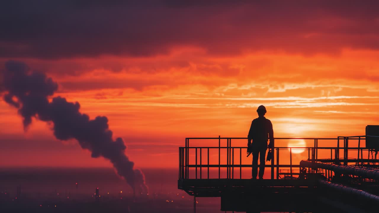 A solitary worker stands at the edge of an industrial platform, silhouetted against a breathtaking sunset with colorful clouds and distant smokestacks in the background