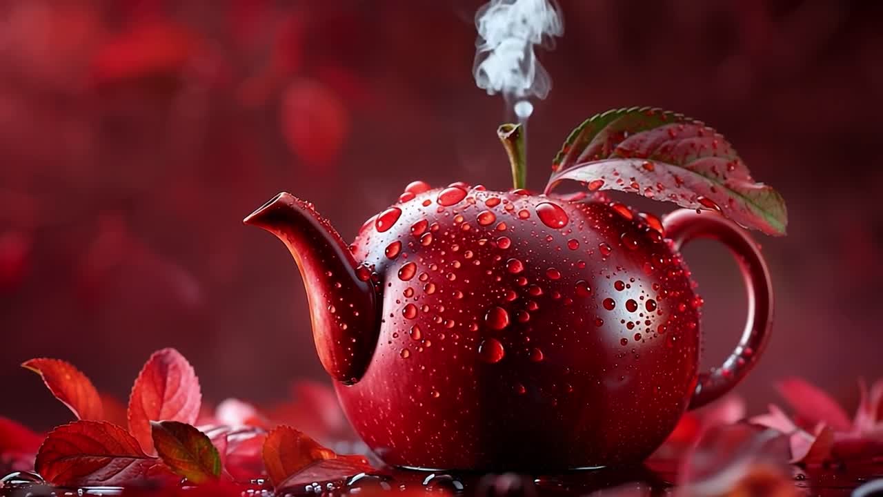 Red teapot with steam on autumn leaves. A vibrant red teapot releases steam while resting on colorful autumn leaves in a serene natural setting.