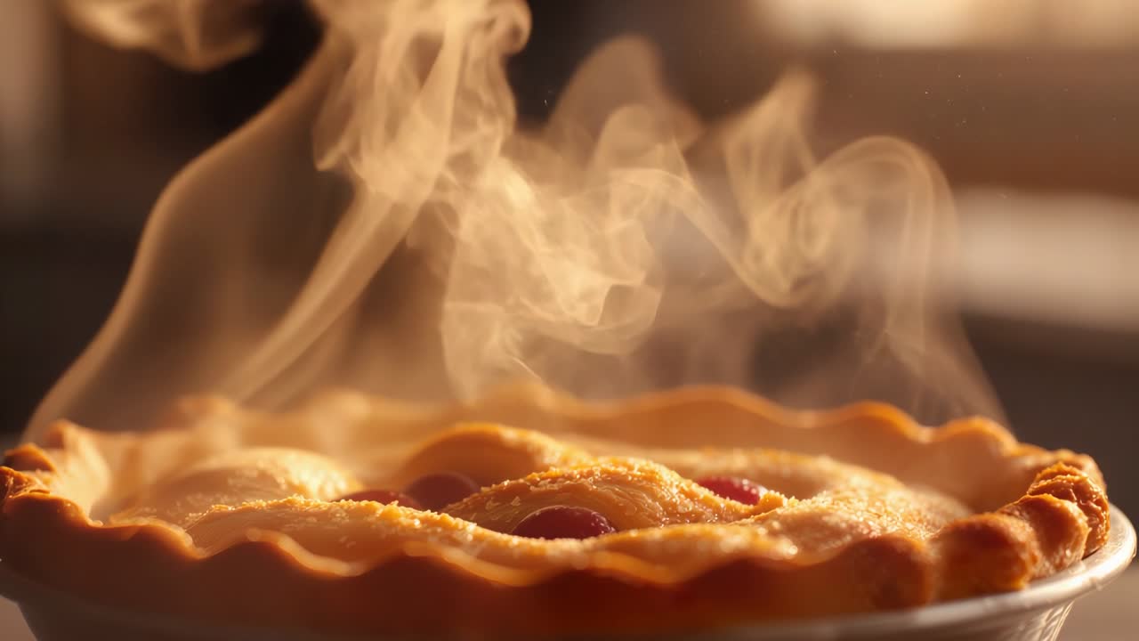Releasing curling steam after baking, baked fruit pie cooling on dish beside kitchen window blinds