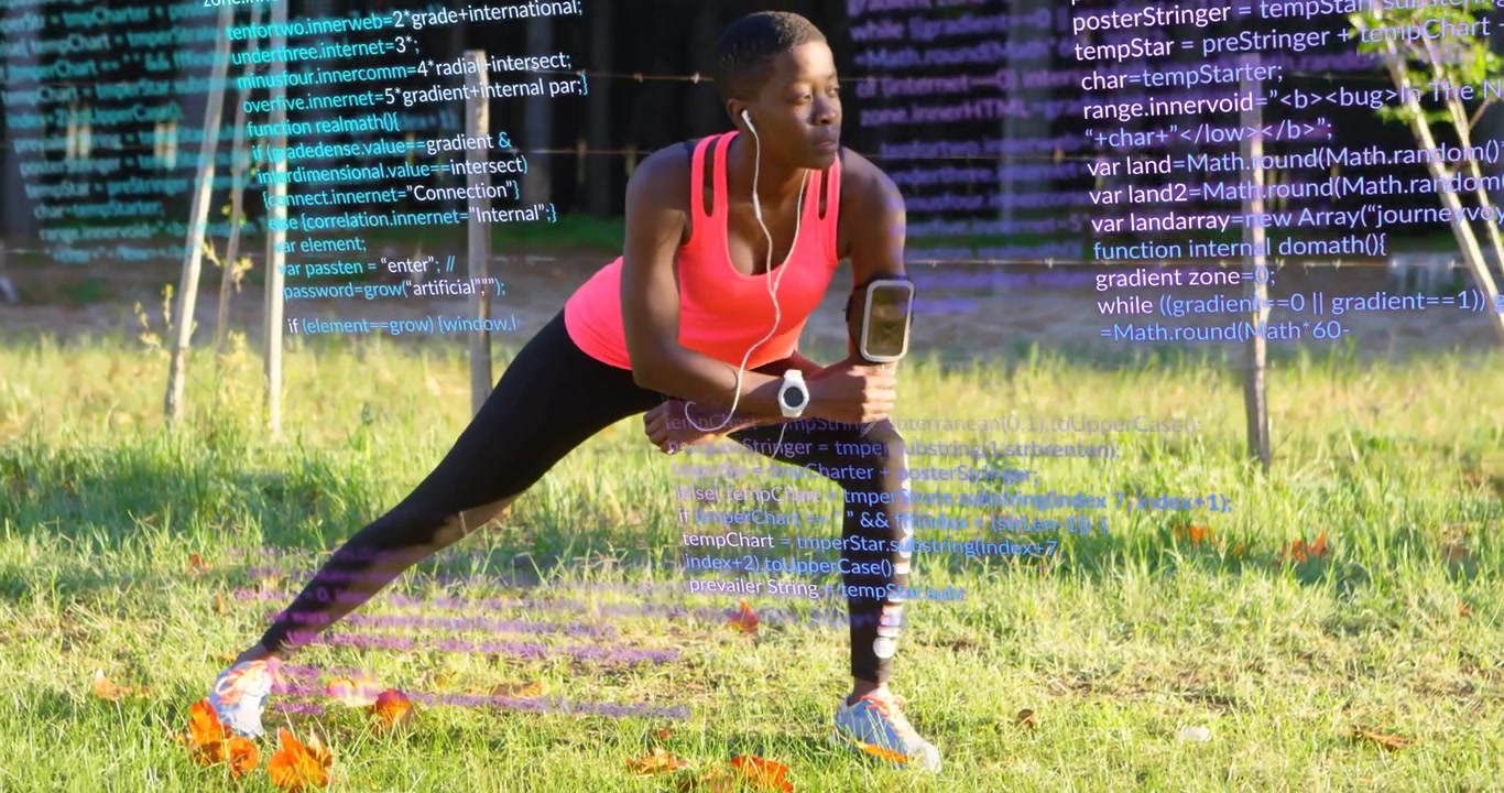 Woman glancing smart devices, side lunging with transparent code overlay growing fitness tracking