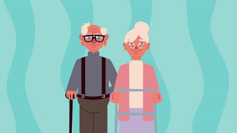 una pareja de abuelos con caminantes y bastón
