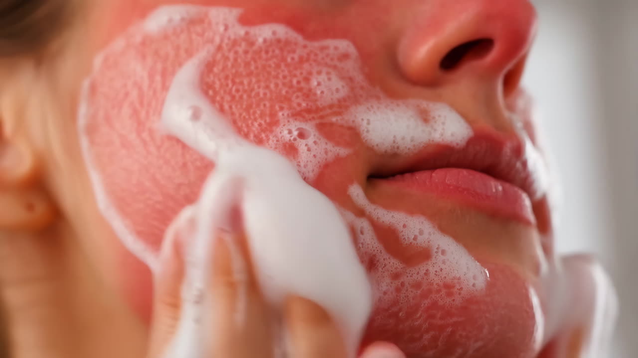 Woman washing her face with foam