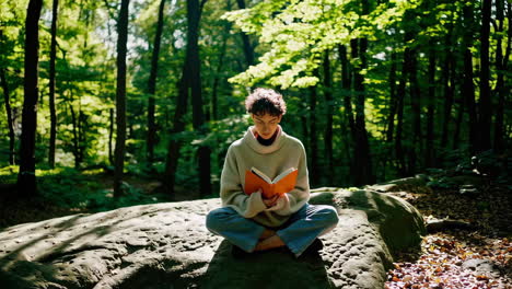 young person reading a book in a peaceful forest