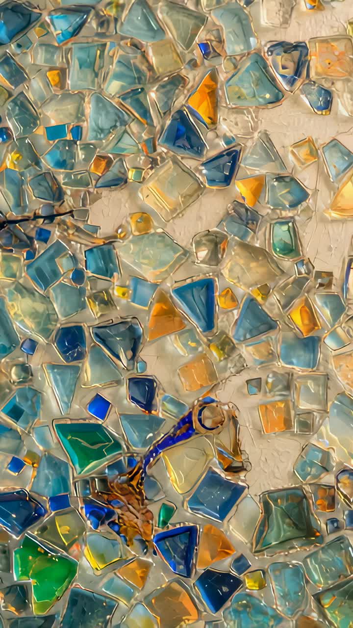 Vertical video: Panning camera up over glass mosaic inside room, showing charm and glass gleam