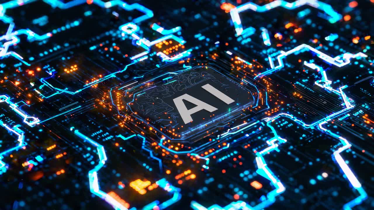 Futuristic AI circuit board from a top-down angle, glowing neon lights and intricate pathways
