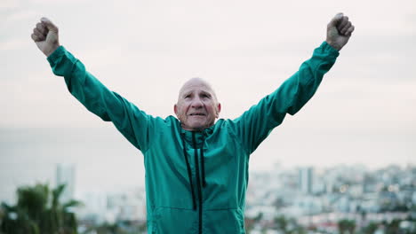 portrait of an elderly man in sportswear with cityscape in the background