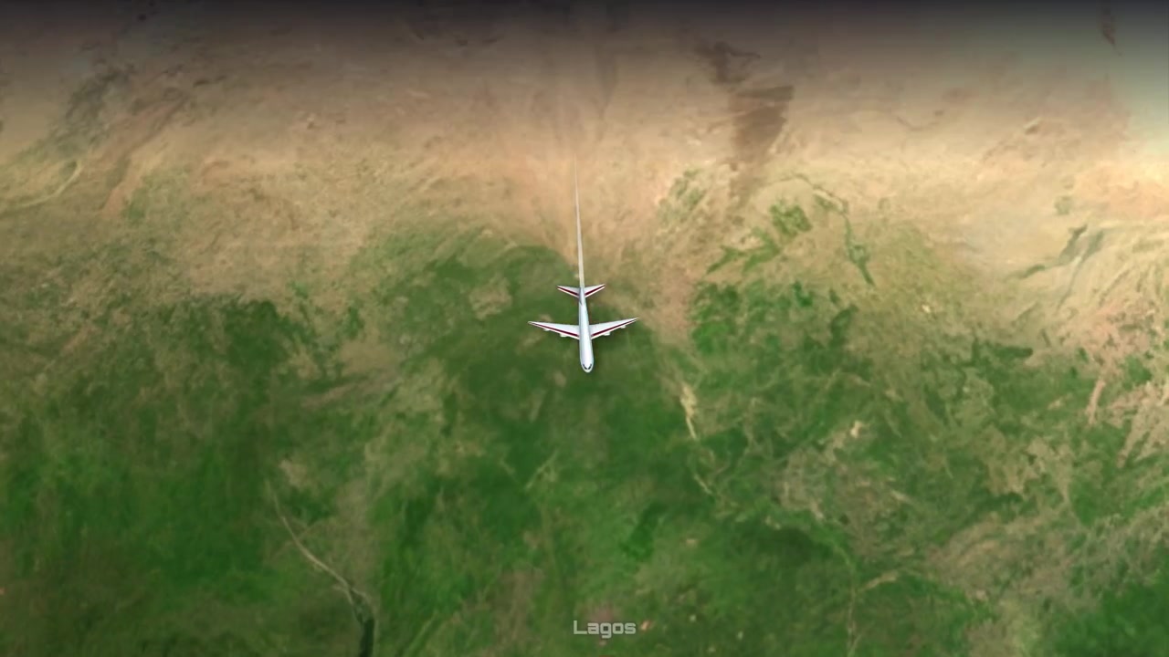 Ett digitalt flygplan flyger över en 3D-jordglob från London till Lagos över varierad terräng