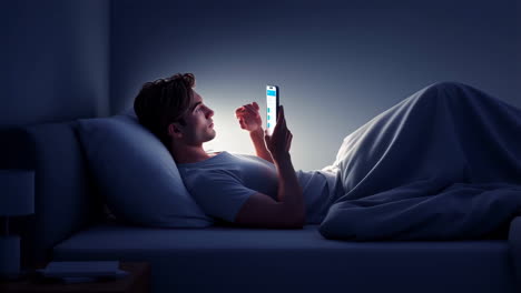 man using smartphone in bed at night