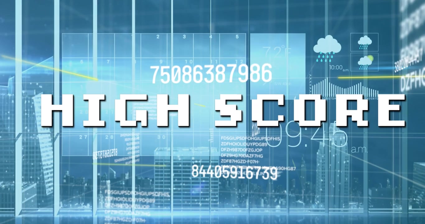Futuristic Digital Interface with High Score and City View