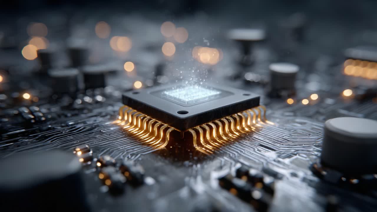 An Intricate Close-Up of a Computer Chip on a Circuit Board with Glowing Connections Illuminating the Complex Technology Behind Modern Electronics