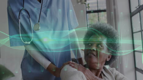 caregiver nurse supporting senior woman in healthcare center, with ecg overlay floating