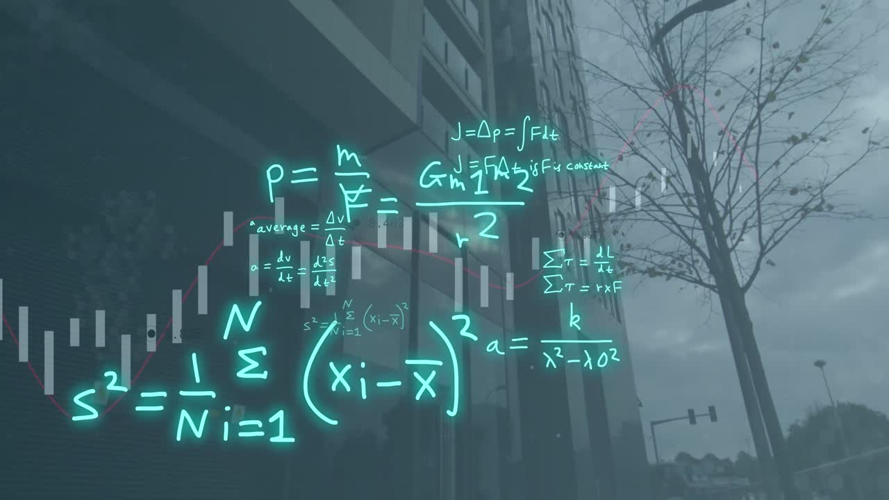 animación de ecuaciones matemáticas sobre el procesamiento de datos y el paisaje urbano.