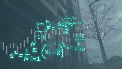 Animation-of-mathematical-equations-over-data-processing-and-cityscape