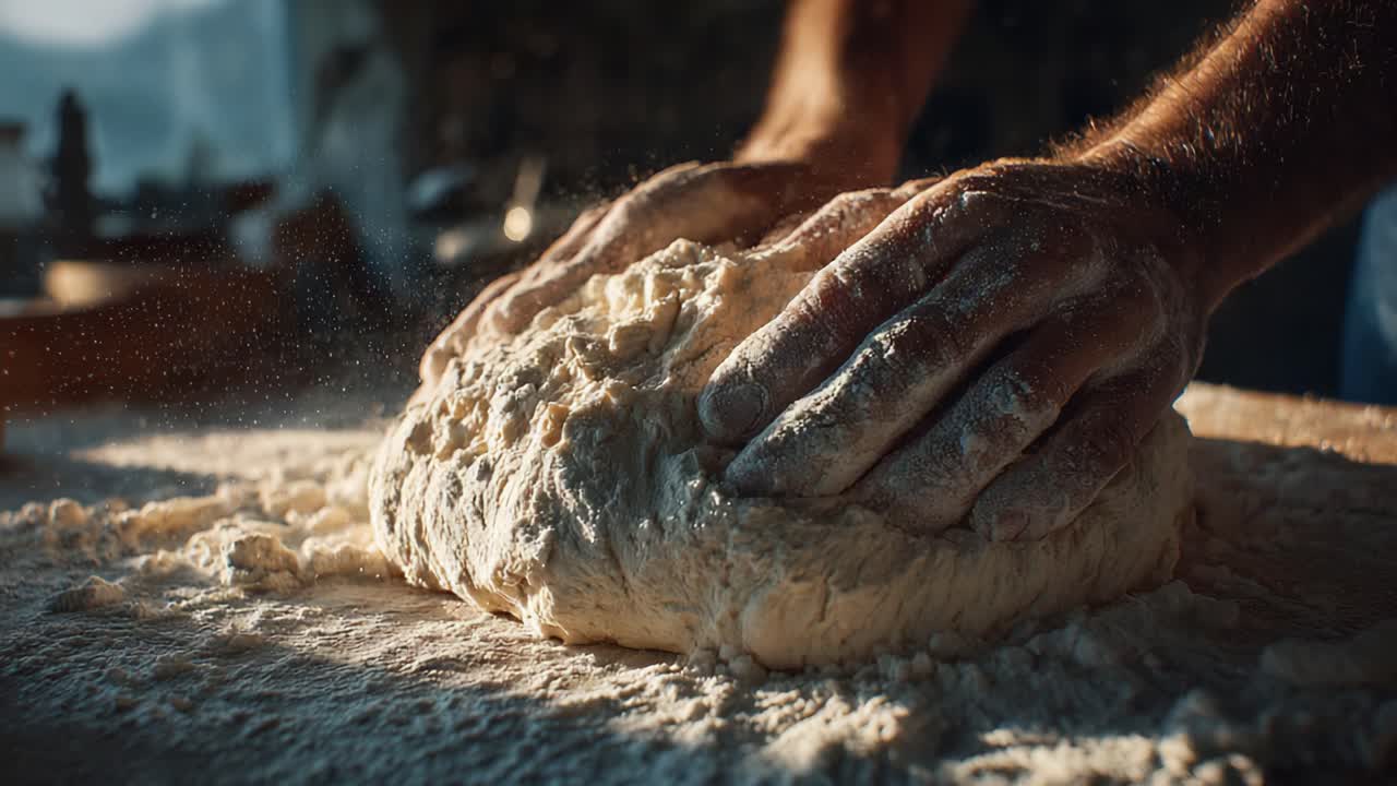 Artisan Bread Making Process: Hands Kneading Dough on Flour-Dusted Surface, Capturing the Essence of Culinary Craftsmanship and the Joy of Creating Homemade Bakery Goods