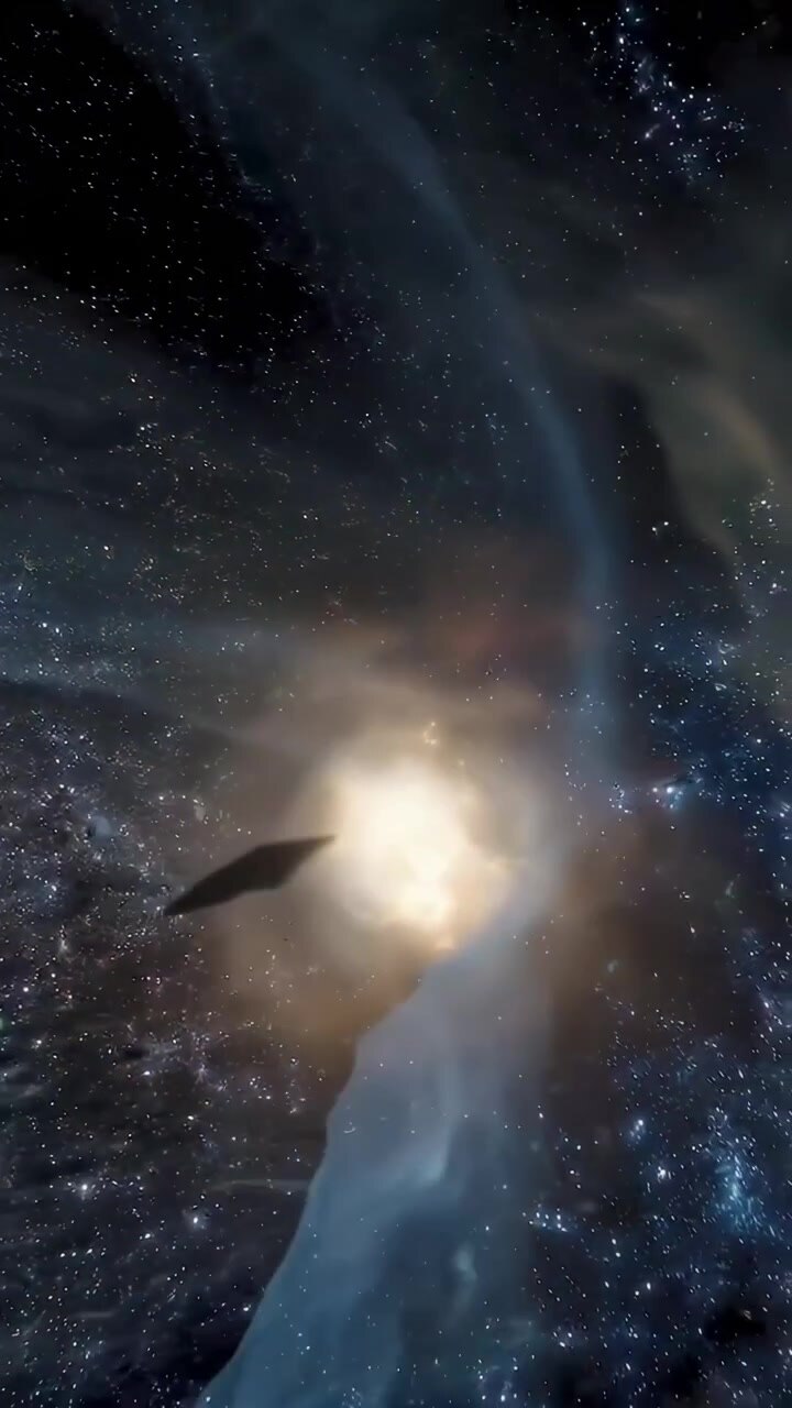 Spaceship Flying Through a Glowing Nebula in Deep Space