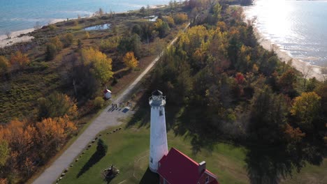 tawas, michigan lighthouse along lake huron with drone video circling