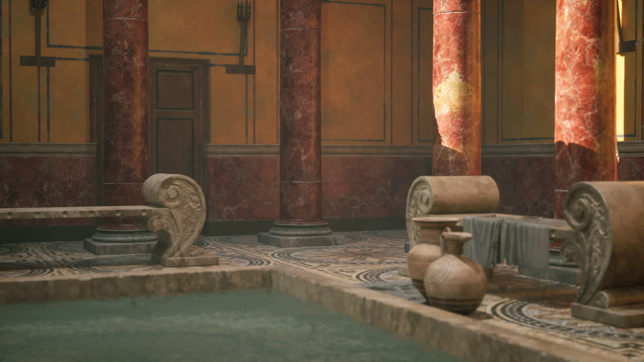 Ancient roman bathhouse interior showcasing marble architecture and decor