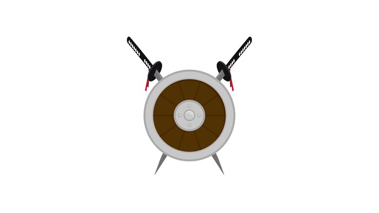 Animated Shield and Crossed Katanas Icon on White Background