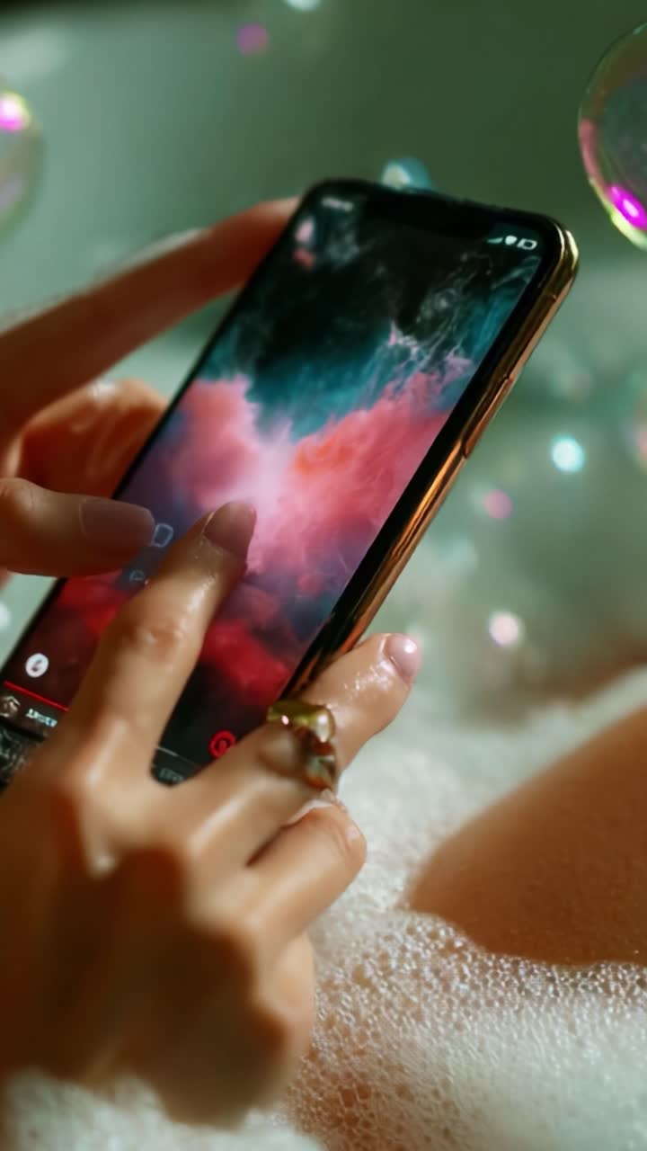 Esplorazione artistica di un utente con uno smartphone in un sereno bagno di schiuma, che mette in risalto immagini colorate e un tocco di modernità in un’atmosfera rilassante