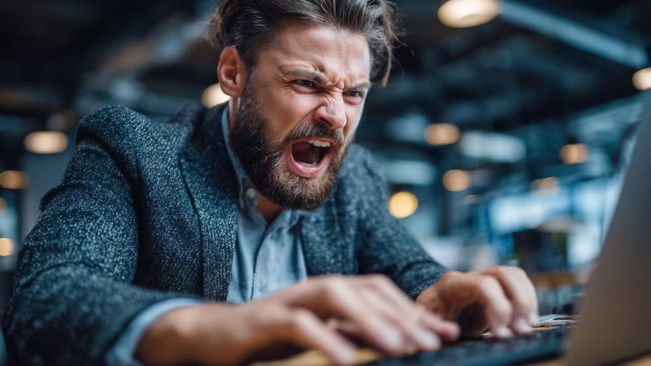 Starke Frustration: Eine Person bringt Emotionen zum Ausdruck, während sie in einer modernen Büroumgebung an einem Laptop arbeitet, und fängt so die Mühen der täglichen Aufgaben und Herausforderungen ein