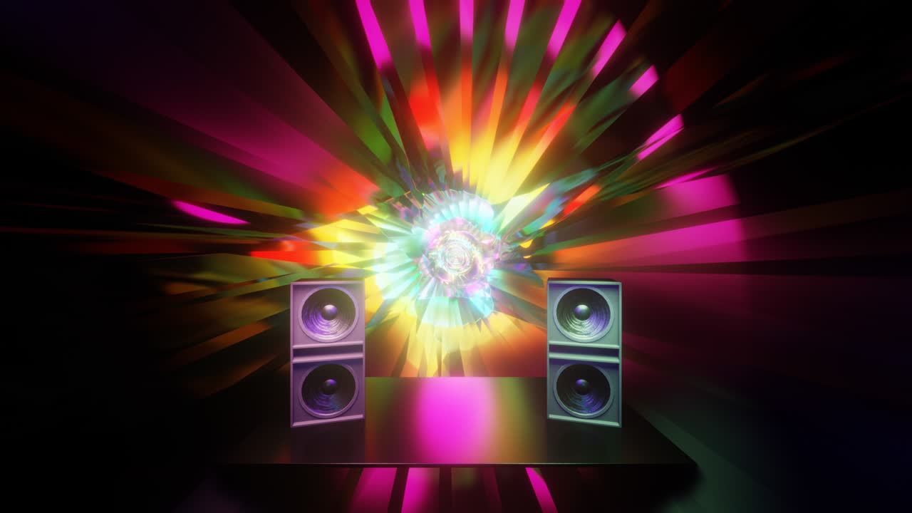 abstracto multicolor psicodélico hipnótico tecnología vj fondo de bucle con altavoces de escenario voladores en primer plano. gráficos de ilusión de movimiento de bucle sin costuras 3d para transición de escenario de música, espectáculos, retro, hitech