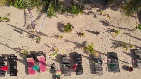 beach chairs, hammocks and palm trees on a hippie rasta beach bar, topshot