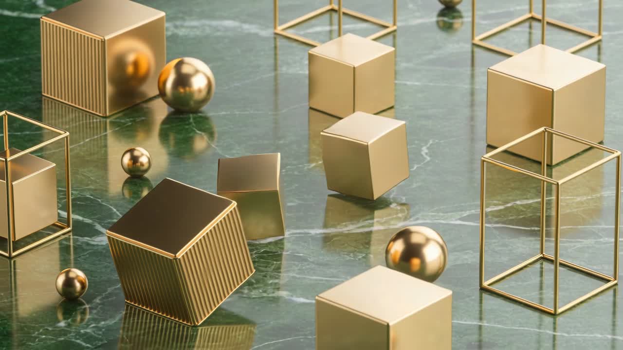 Tilting gold solids with ribbed cube reacting to impulse, colliding and settling on green marble