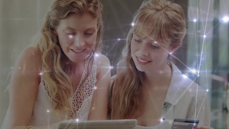 Caucasian women in social distancing buying online at home