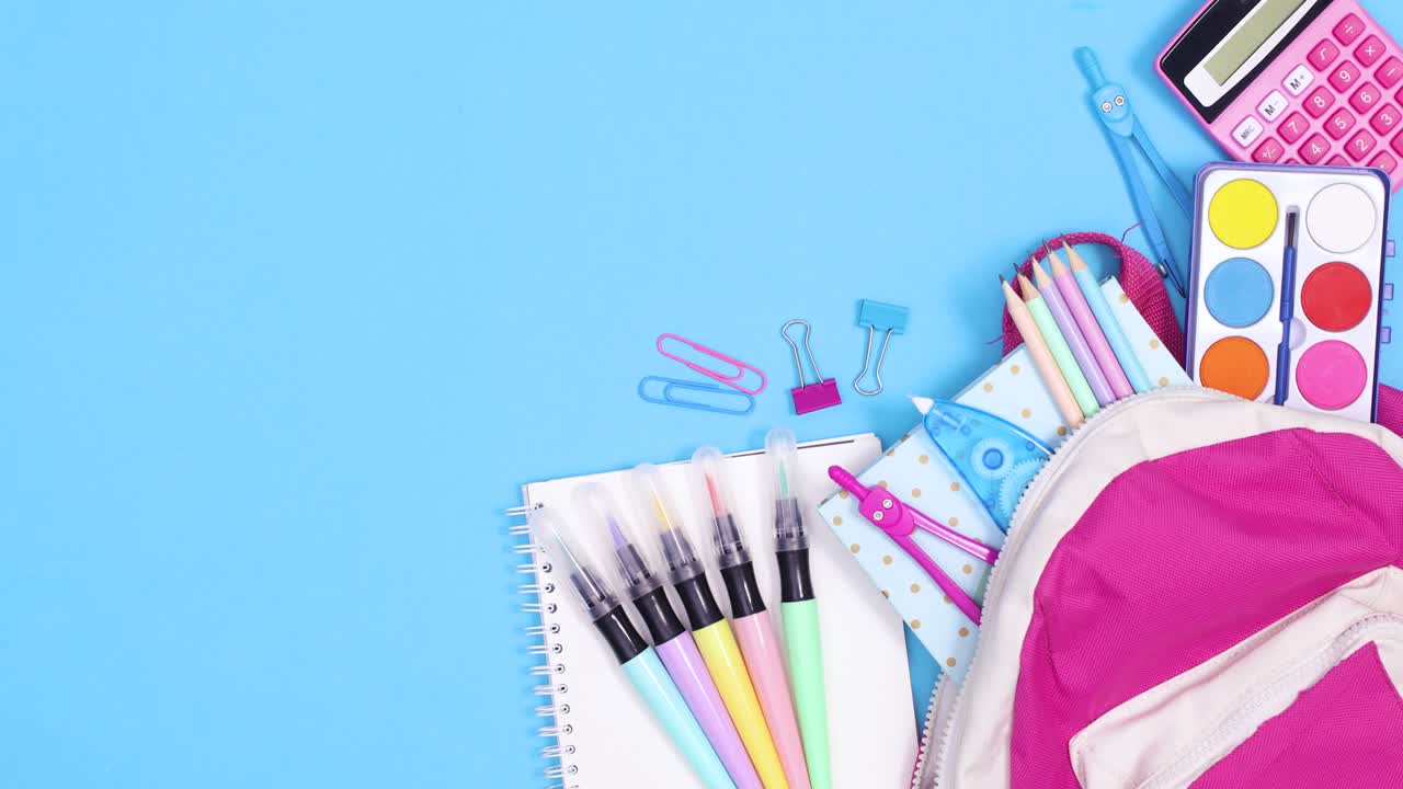 School stationery with backpack move on right side of blue theme. stop motion