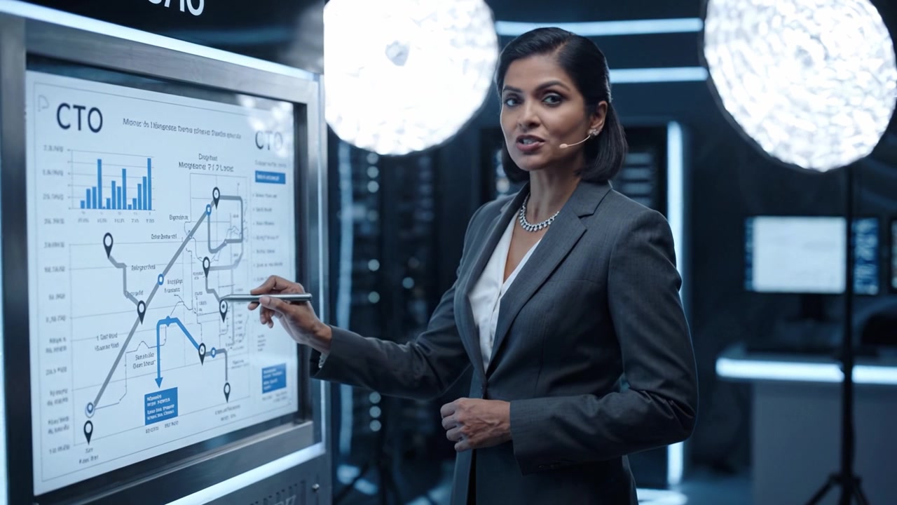 Engaging presentation by a professional speaker using a digital board, showcasing data analytics and strategic planning in a high-tech environment.
