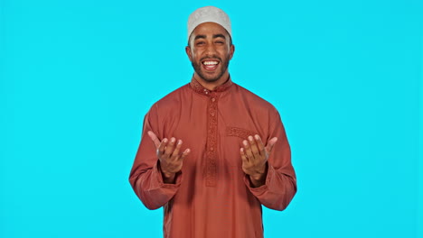 Portrait,-muslim-or-man-in-studio-praying-isolated