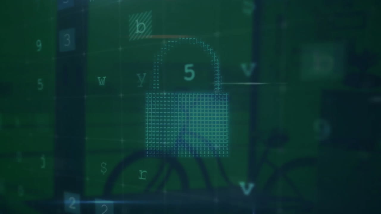 animación del texto de advertencia de seguridad cibernética y el candado sobre la oficina