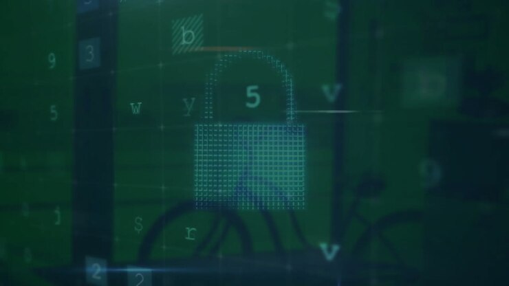 Animation of cyber security warning text and padlock over office