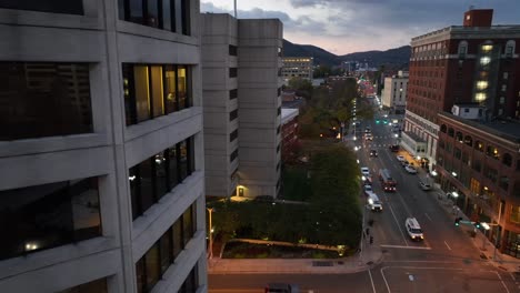 office building in american city at dawn