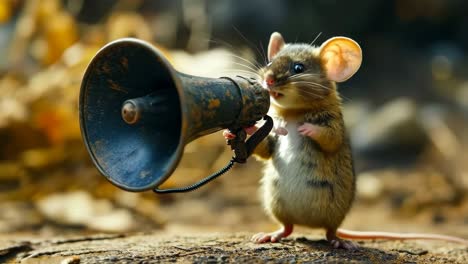 un ratón con un megáfono en su boca en un tronco