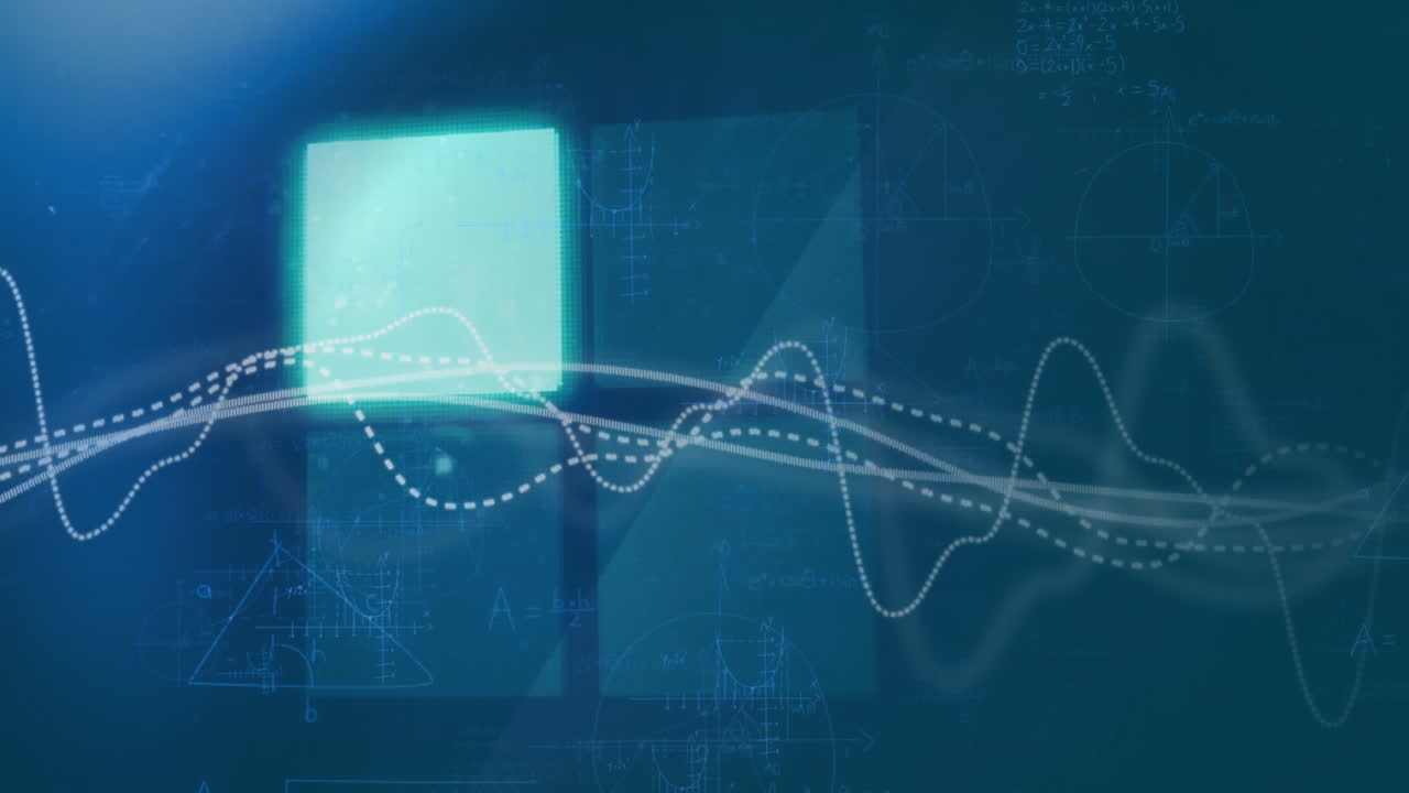 Animation of graphs over illuminated square against mathematical equations on blue background