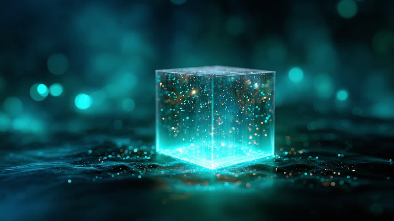 Illuminated Crystal Cube Surrounded by Glowing Particles in an Enchanting Ethereal Environment Capturing the Essence of Translucent Beauty and Light