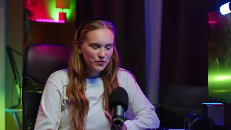 junge frau lächelt in die kamera, während sie ein spiel auf ihrem computer streamt