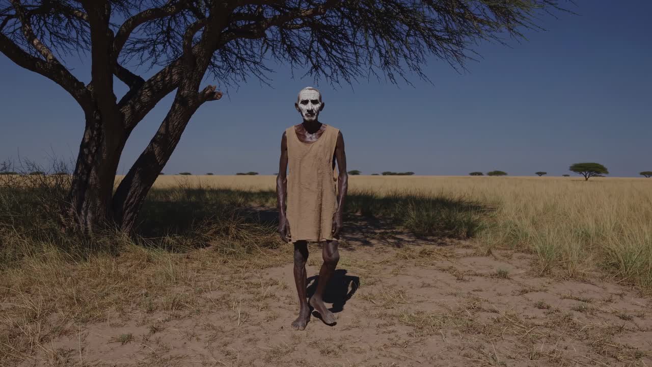 Elderly tribal warrior displaying traditional face paint, standing amid arid savanna landscape near acacia tree, embodying cultural heritage of African wilderness