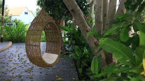 4K-Outdoor-Wicker-Basket-Seat-Hanging-from-a-Tree-Surrounded-with-Green-Lush-Leaves