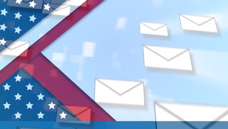 Multiple-envelope-icons-falling-against-American-flag-on-blue-background