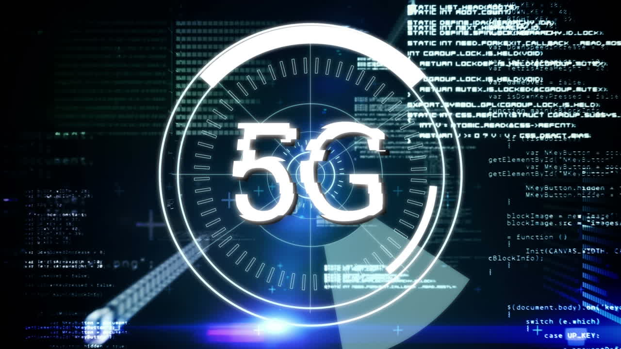 codici di programma e 5g scritti nel mezzo di un cerchio futuristico