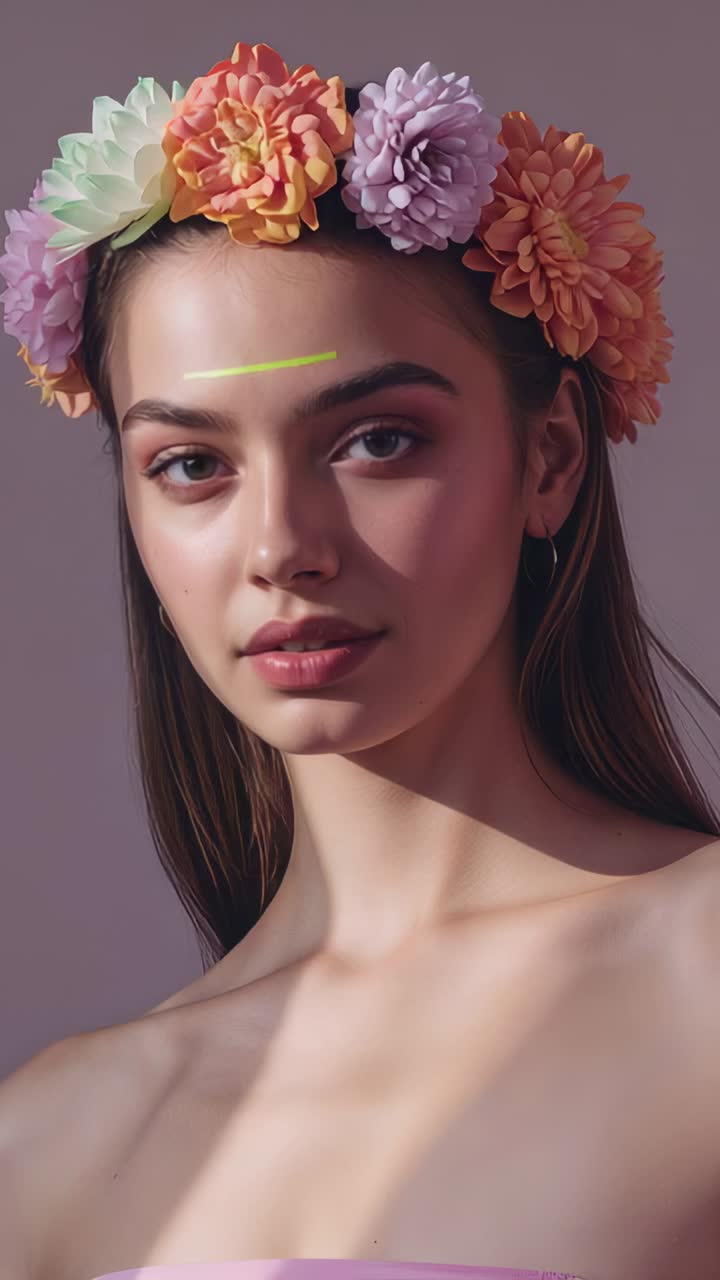 Vertical video: Woman wearing floral crown closing eyes as earring glint sparking smile in studio